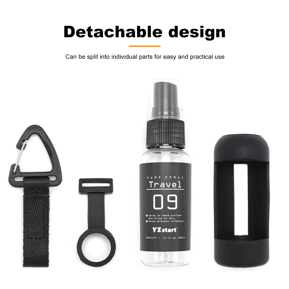 Bouteille de voyage de 50 ml, vaporisateur rechargeable et anti-fuite, portable, avec sangle à crochet tactique, pour le camping en plein air, pour liquide