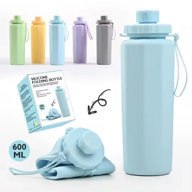 Bouteille d'eau pliable en silicone de 600 ml, gourde étanche et réutilisable pour sports de plein air, voyage, camping, yoga