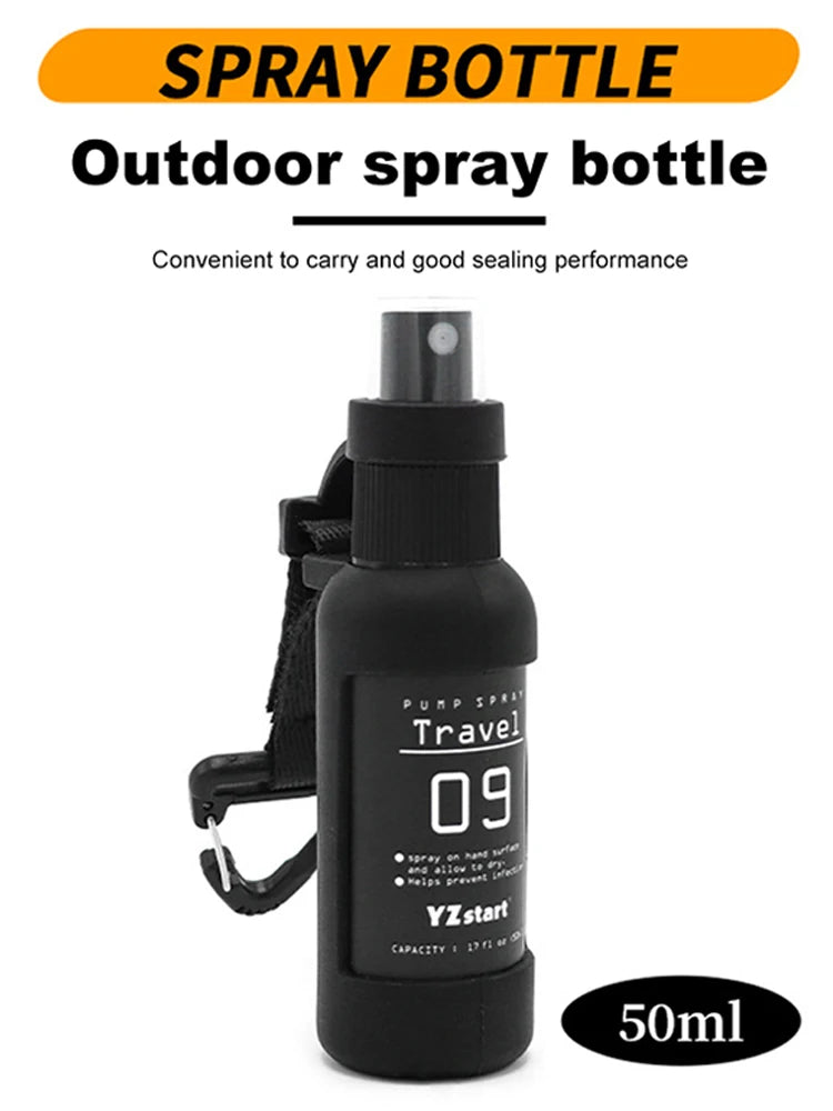 Bouteille de voyage de 50 ml, vaporisateur rechargeable et anti-fuite, portable, avec sangle à crochet tactique, pour le camping en plein air, pour liquide