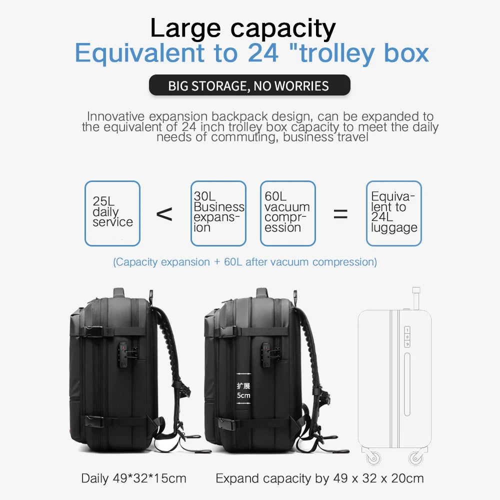 Lot de 3 sacs à dos de voyage à compression sous vide pour ordinateur portable 17 pouces, grande capacité, extensible, avec serrure antivol