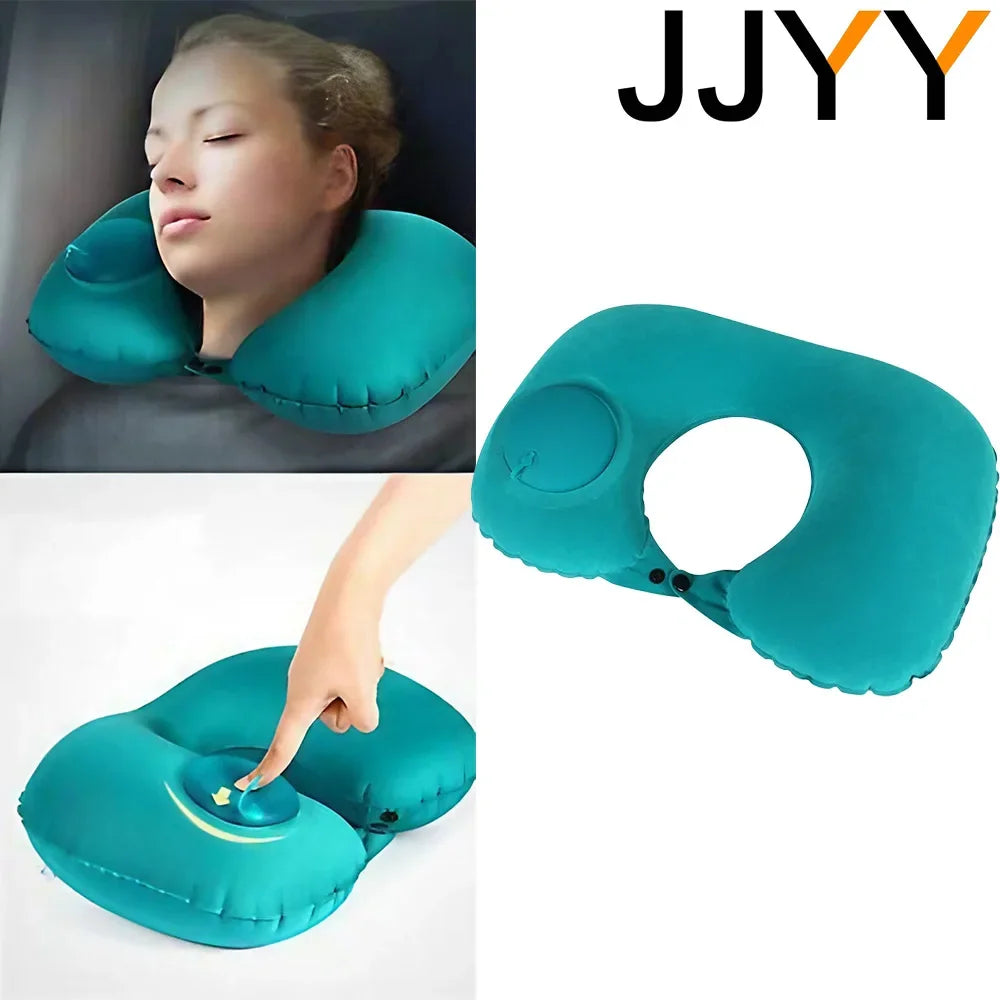 Coussin de nuque gonflable en U avec anneau de pression d'air pour voyage en plein air. Coussin de nuque pour voiture, train et avion.
