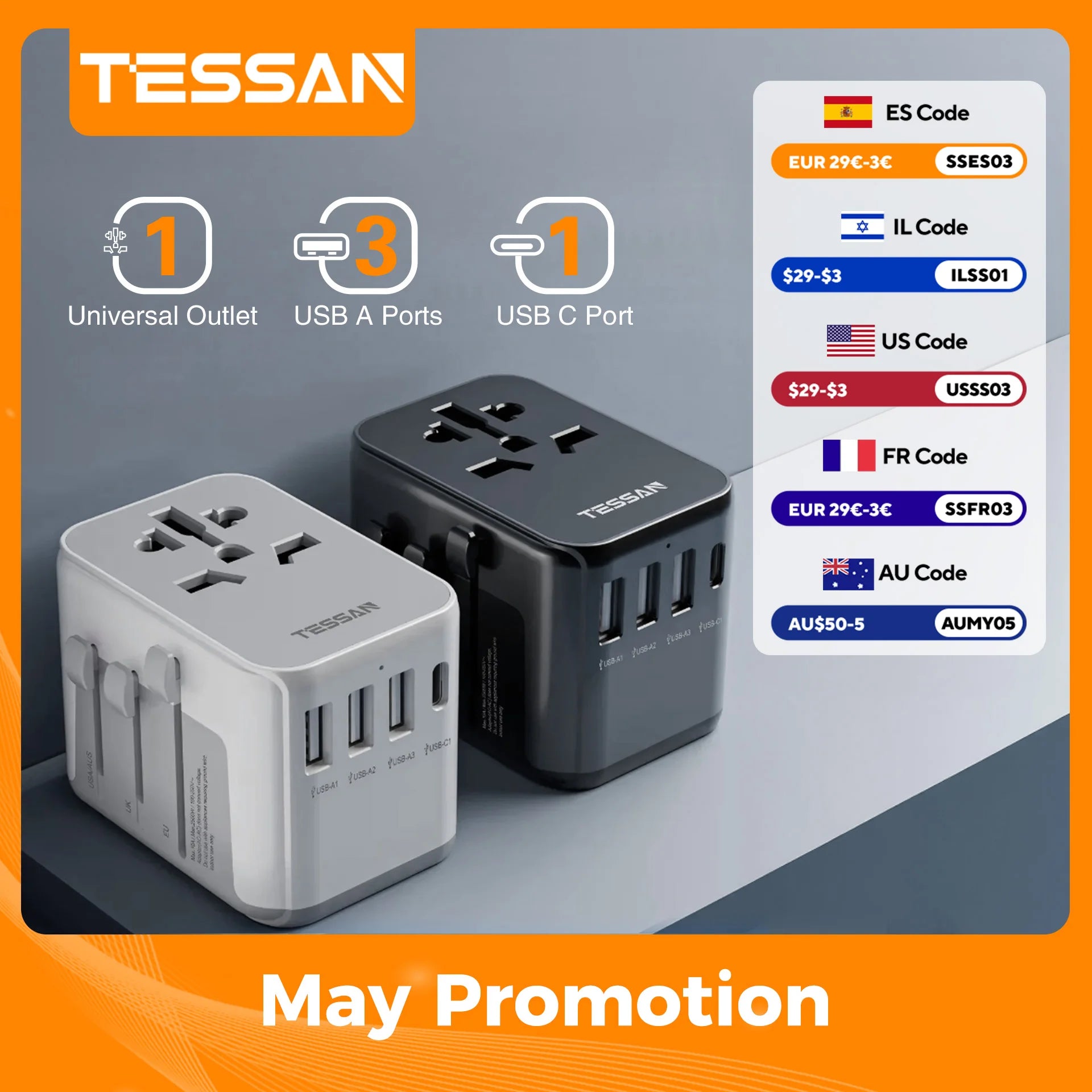 Adaptateur de voyage universel TESSAN avec port USB et type C, adaptateur secteur universel, prise UE/UK/USA/AUS pour voyage